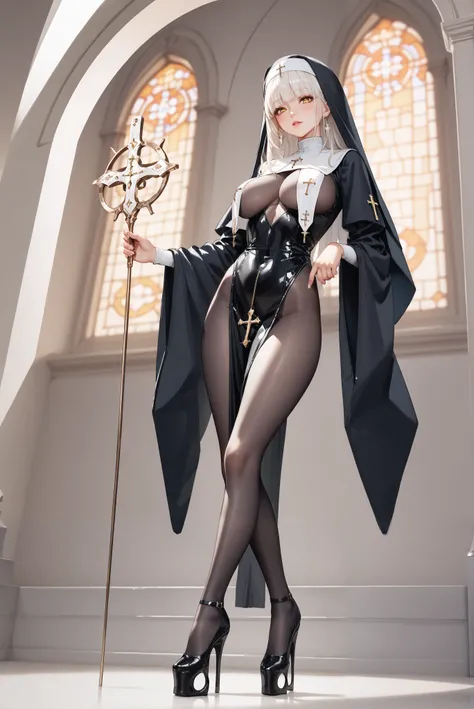 （ stands，whole body:1.7),ruanyi0847,bodysuit,breast curtains,dress,nun,pantyhose,pelvic curtain,HoleHeels，Hole platform/ oval/ Circle Heels，Heels ，Blancrnd, white hair, very long hair, yellow eyes, breasts, hair intakes, bangs
