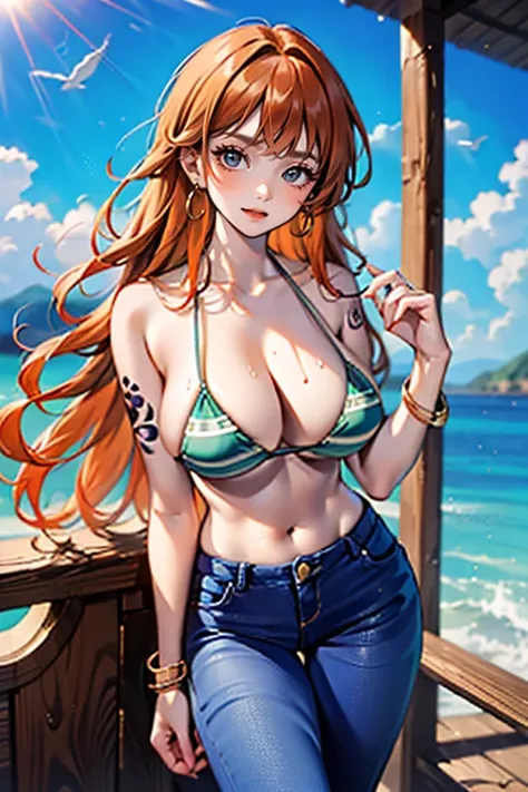 ((巨作)) ((Best Quality)) ((A highly detailed))  ((1Woman)) ((Bikini)) ((Bikini top only)) ((orange long hair)) ((silky long hair)) ((Right shoulder tattoo))  ((tall ;)) ((One Piece US)) ((US)) ((wet body)) ((big tits))  ((Attractive eyes)) ((sharp eyes)) ((...