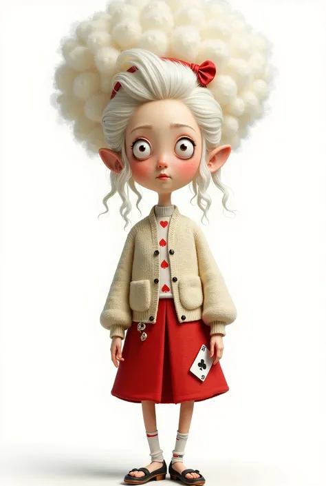 illustration， cartoon，Pixar，( masterpiece,   Best Quality :1.2), 1 Chinese Grandma ,  is unique，White wavy hairstyle， Light and Fluffy Long Hair ，扑克牌发带，扑克牌毛衣，pure background ，in style of Dieselpunk , 