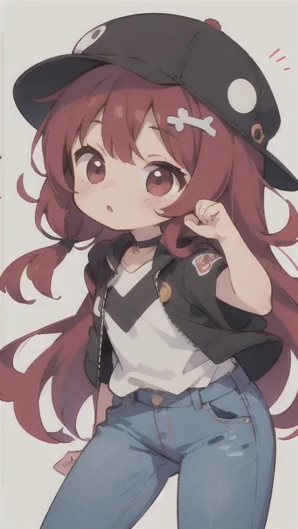  long hair　cute design, 赤い髪　red strawsﾄのWaist-length hair　　black short sleeve jacket　brown and black horizontal T-bar、 jeans　 chibi, deformed　 plain background　 1 girl,Waist-length hair,  burgundy red hair　,  chibiキャラ　　Put on a pink fluffy hat