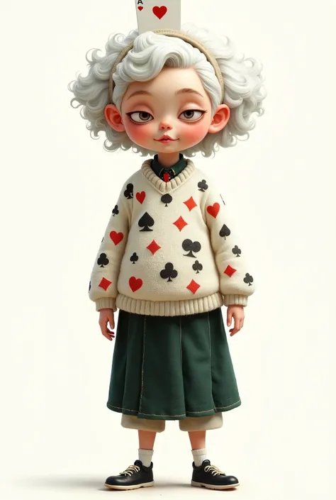 illustration, cartoon,Pixar,( masterpiece, Best Quality :1.2), 1 Chinese Grandma , is unique,White wavy hairstyle, Light and Fluffy Long Hair ,扑克牌发带,扑克牌毛衣,pure background ,in style of Dieselpunk ,