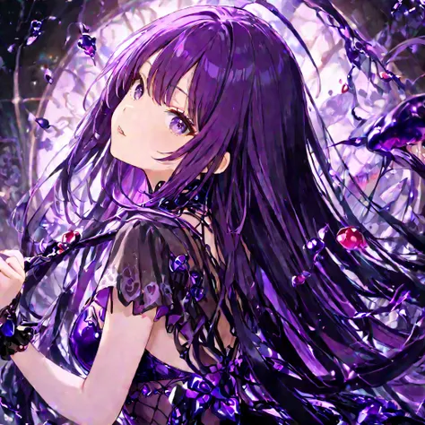 Poisonous Purple Girl， dark purple eyes ，Black flowing long hair