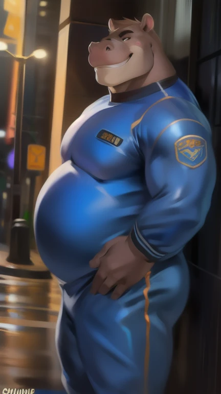 Solo, male, standing, street, hippo, blue military spacesuit, overweight, muscular, smirking, by chunie