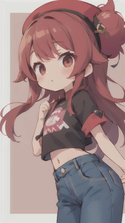  long hair　cute design, 赤い髪　red strawsﾄのWaist-length hair　　black short sleeve jacket　brown and black horizontal T-bar、 jeans　 chibi, deformed　 plain background　 1 girl,Waist-length hair,  burgundy red hair　,  chibiキャラ　　Put on a pink fluffy hat