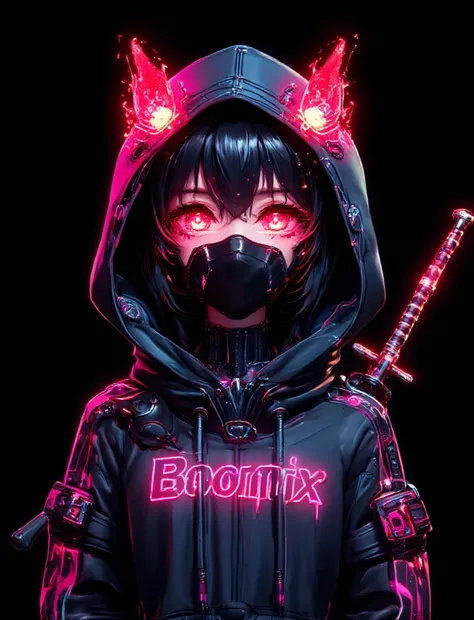 anime style, kawaii, japanese cute girl, very cute masked 16-years old cyperpunk girl with black short hair wearing a hoodie and holding a katana sword, "Cyberpunk girl with futuristic kanata sword in hand, wearing a cyberpunk mask. Bleeing eyes, looking s...