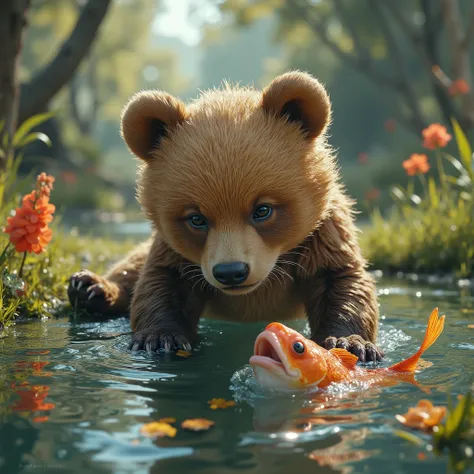 This image shows a baby bear cub attempting to catch a fish in a serene pond, set against a backdrop of intricate, detailed fantasy world, with vibrant colors and dynamic lighting.