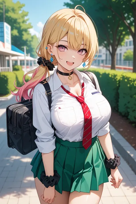  girl,  fit girl, KJOmarin, blonde hair, length hair,  pink eye,  earrings,  ear piercing, multicolored hair,  score_9,  score_8_up,  score_7_up,  source_Anime,  masterpiece, top quality, huge chest, Fancy fixes,1人の girl,   jewelry,  tie,  earrings,  skirt...