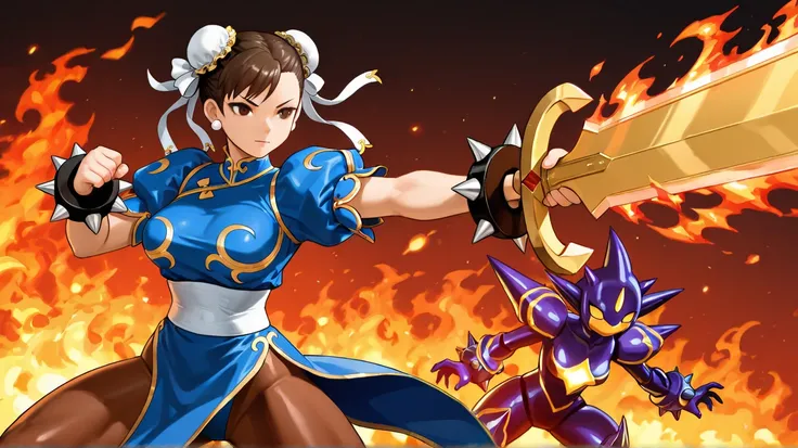  high resolution, Alone,  Create an Image of an RPG Game , Type 1Vs1 ,  A Female Game Fighting Multiple Monsters , fire background,  With Burning Toxas ,  the Protagonist with a Large Sword and with Flames in It.Chun Li from the side