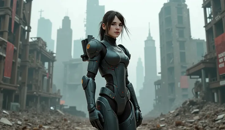 A girl stands in an exoskeleton against the background of a destroyed city