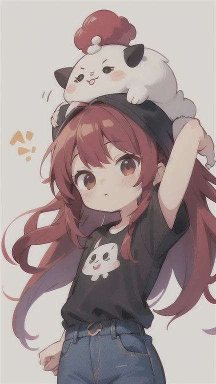  long hair　cute design, 赤い髪　red strawsﾄのWaist-length hair　　black short sleeve jacket　brown and black horizontal T-bar、 jeans　 chibi, deformed　 plain background　 1 girl,Waist-length hair, burgundy red hair　,  chibiキャラ　　Put on a pink fluffy hat