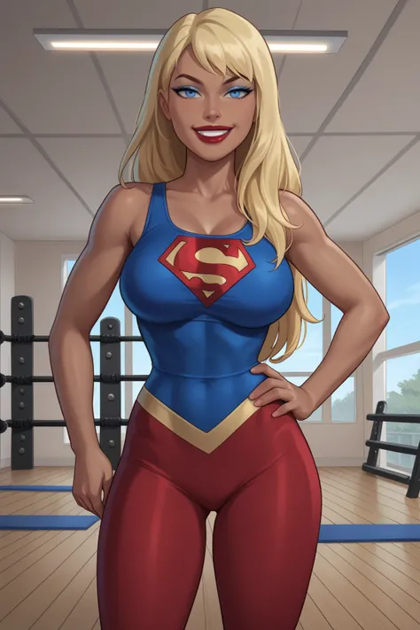 PonyXLV6_Scores BREAK ((parody), perfect anatomy, perfect eyes, cowboy shot) BREAK kara zor-el, long hair, blonde hair, blue eyes, dark-skinned female, lipstick, red lips,  ((looking at viewer)), superhero, sky blue wrestling singlet,  large breasts, curvy...