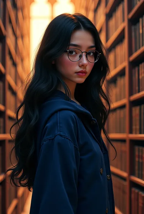 Digital art of a girl with black hair,  wearing glasses and from the house of Ravenclaw from Harry Potter, in the library 