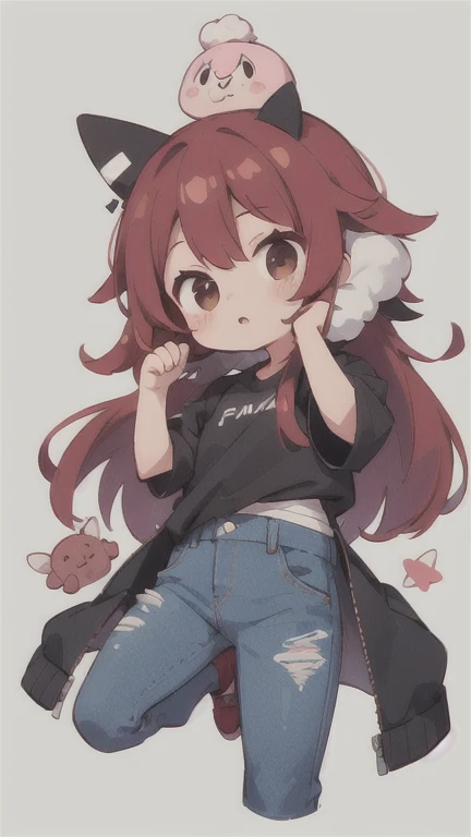  long hair　cute design, 赤い髪　red strawsﾄのWaist-length hair　　black short sleeve jacket　brown and black horizontal T-bar、 jeans　 chibi, deformed　 plain background　 1 girl,Waist-length hair, burgundy red hair　,  chibiキャラ　　Put on a pink fluffy hat