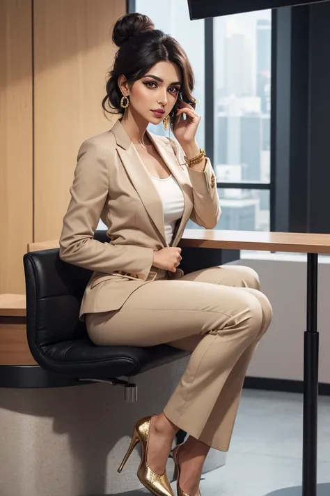 An indian news anchor.Anika Sharma is a striking woman in her mid-30s with a poised and commanding presence. She has deep brown eyes that are sharp and observant, framed by perfectly shaped eyebrows. Her complexion is flawless, with a warm, golden underton...