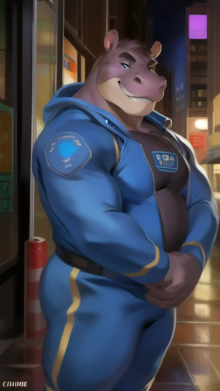 Solo, male, standing, street, hippo, blue military spacesuit, overweight, muscular, smirking, by chunie