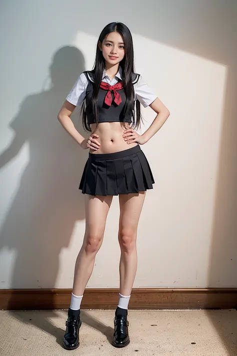   masterpiece、   top quality 、   top quality 、   oconnor  、 Genuine 、  RAW Photo、8k、(smile＋  happy:1.6)、((   sexy school uniform:1.3))、( I can see my stomach that can be seen from a distance:1.6)、(  hand on hip  /  place your hands on your lower back:1.4)、...