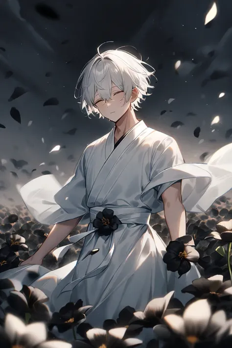 ((1 male with white hair and short hair:1.4))，((Black flower field :1.4))、  Petals Dance 、 white hanbok 、(dark、 dark sky)、A drop of tears 、A gentle expression 