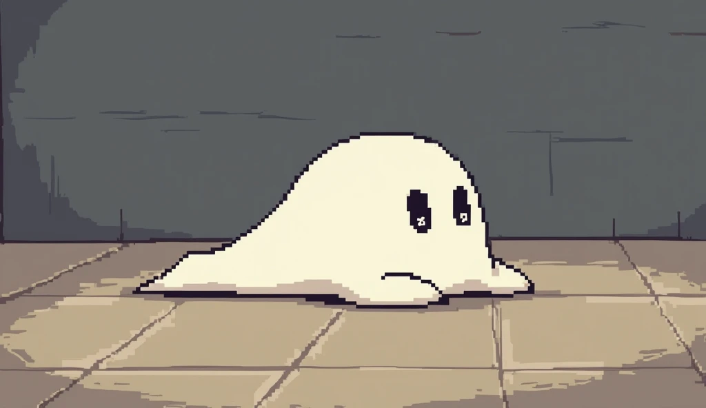 Make a cute dead ghost lying down with an X in its eyes on the floor 2d pixel art