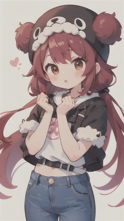  long hair　cute design, 赤い髪　red strawsﾄのWaist-length hair　　black short sleeve jacket　brown and black horizontal T-bar、 jeans　 chibi, deformed　 plain background　 1 girl,Waist-length hair, burgundy red hair　,  chibiキャラ　　Put on a pink fluffy hat