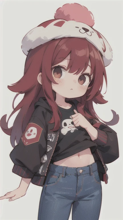  long hair　cute design, 赤い髪　red strawsﾄのWaist-length hair　　black short sleeve jacket　brown and black horizontal T-bar、 jeans　 chibi, deformed　 plain background　 1 girl,Waist-length hair,  burgundy red hair　,  chibiキャラ　　Put on a pink fluffy hat