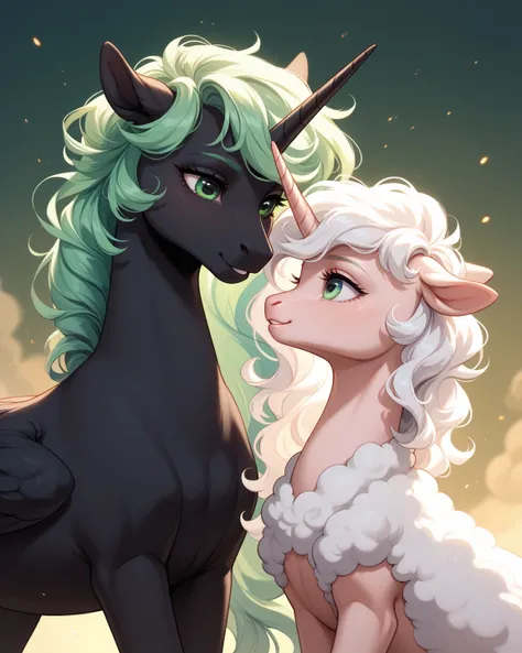 Two ponies are standing next to each other. The first alicorn pony. unicorn with wings.  Black wool.  black eyes . Very long, wavy white mane. She stands taller with her wings open and looks down from the top. The second pony is a unicorn. black wool. Gree...