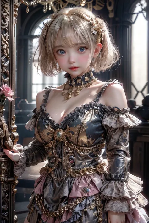 Steampunk Lolita 、 platinum blonde hair、 short bob、round face、 Dark Blue Eyes 、 big eyes、 sagitales、 opens her mouth slightly and laughs。 luxurious metallic silver and dark pink super mini mini dress、 skirt with lots of pink frills layered 、 stack 3 white ...