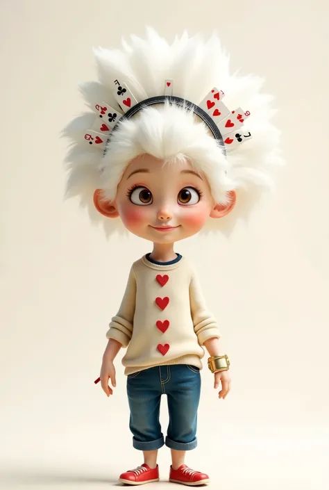 illustration, cartoon,Pixar,( masterpiece, Best Quality :1.2), 1 Chinese Grandma , is unique,White wavy hairstyle, Light and Fluffy Long Hair ,扑克牌发带,扑克牌毛衣,pure background ,in style of dieselpunk ,