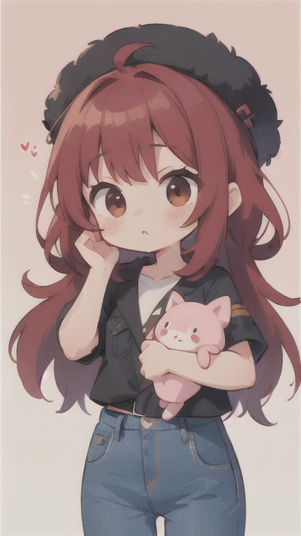  long hair　cute design, 赤い髪　red strawsﾄのWaist-length hair　　black short sleeve jacket　brown and black horizontal T-bar、 jeans　 chibi, deformed　 plain background　 1 girl,Waist-length hair, burgundy red hair　,  chibiキャラ　　Put on a pink fluffy hat