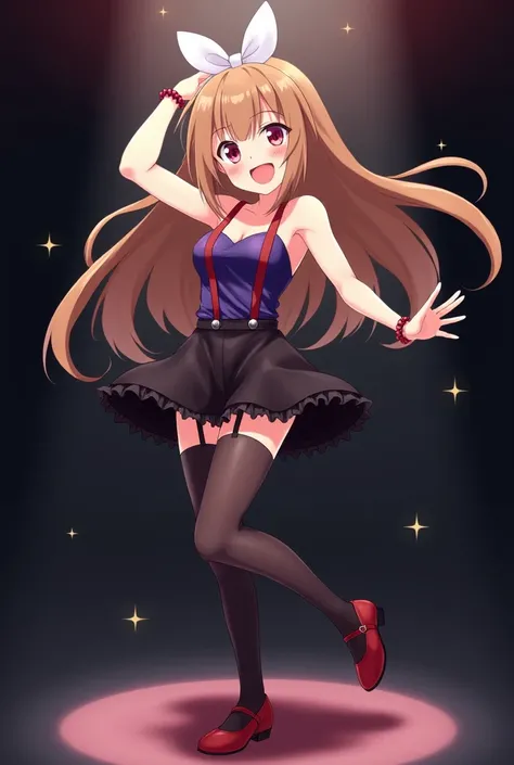 anime girl with dark purple strapless top with star patterns, sleeveless, black frilly miniskirt, red suspenders, and white bow behind head, light long brown hair, standing in a dark room, bracelet, standing, circus backstage, cheerful, playful pose, toned...