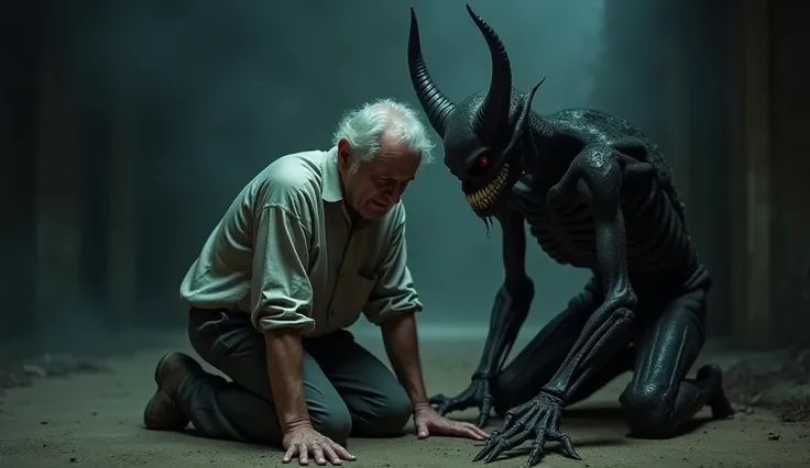 "An elderly man kneeling on the ground ,  with an expression of pain and exhaustion ,  wearing a light long-sleeved shirt and dark pants . Behind him,  a dark, skeletal demonic creature , with black skin, curved horns,  empty eyes and sharp teeth exposed i...