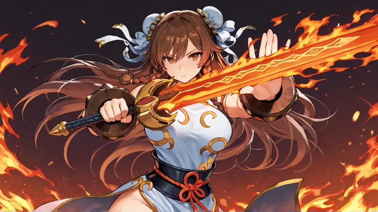 1 ,  high resolution,  long hair,  Masterpiece, breasts, Chun Li Em um Games RPG Hack and Slash, Background with flames, And Montros , Chun Li with a Burning Sword, facing enemies..