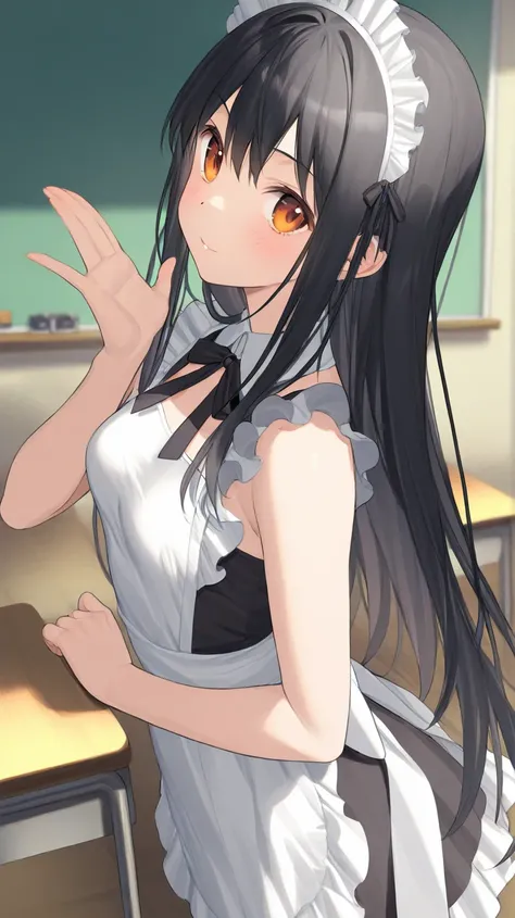 Alone、( Masterpiece,  top quality:1.2)、 maid outfit、School、classroom、Neat black hair、Amber Eyes、 long hair、 glossy black hair 、( top quality)、( ultra detail)、( very detailed and beautiful)、( beautiful detail eye)、 ( perfect anatomy)、( perfect hands)、(  sup...