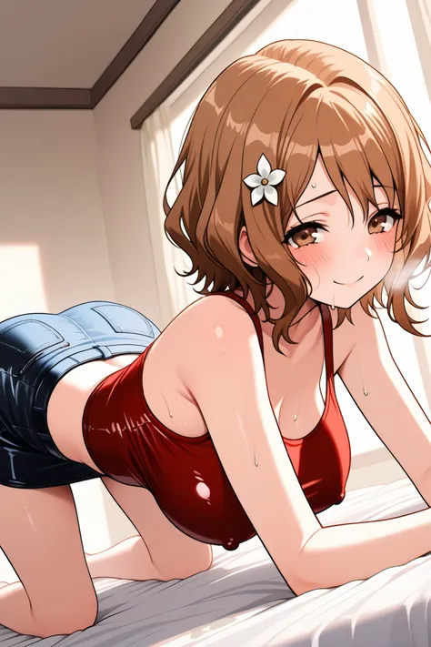 ohana_matsumae,1 female,solo,
short hair,brown hair,hair ornament,
brown eyes,flower,hair flower,
stupid hair,long hair,
pretty,large breast,nipple,
looking at viewer,
dutch angle,

back,crawling on all fours,low angle,
from side,

smile,blush,sweat,tearfu...