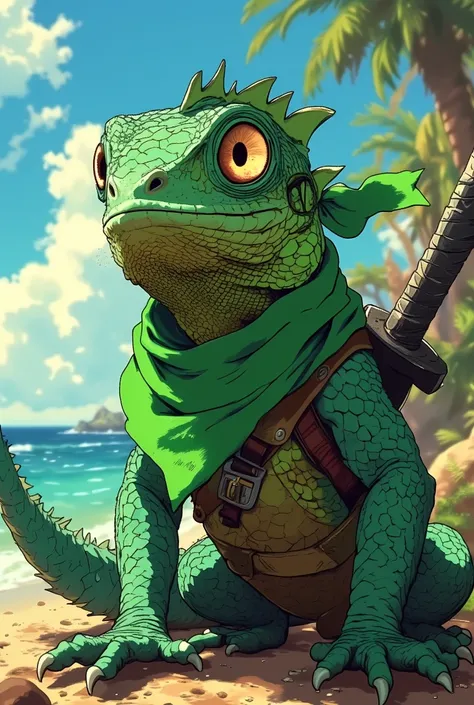 Iguana 
Black pirate sword on his back
Green bandana on his neck 
Style Manga Anime Kimetsu No Yaiba 
 The hero's cute companion 
Anime manga style 