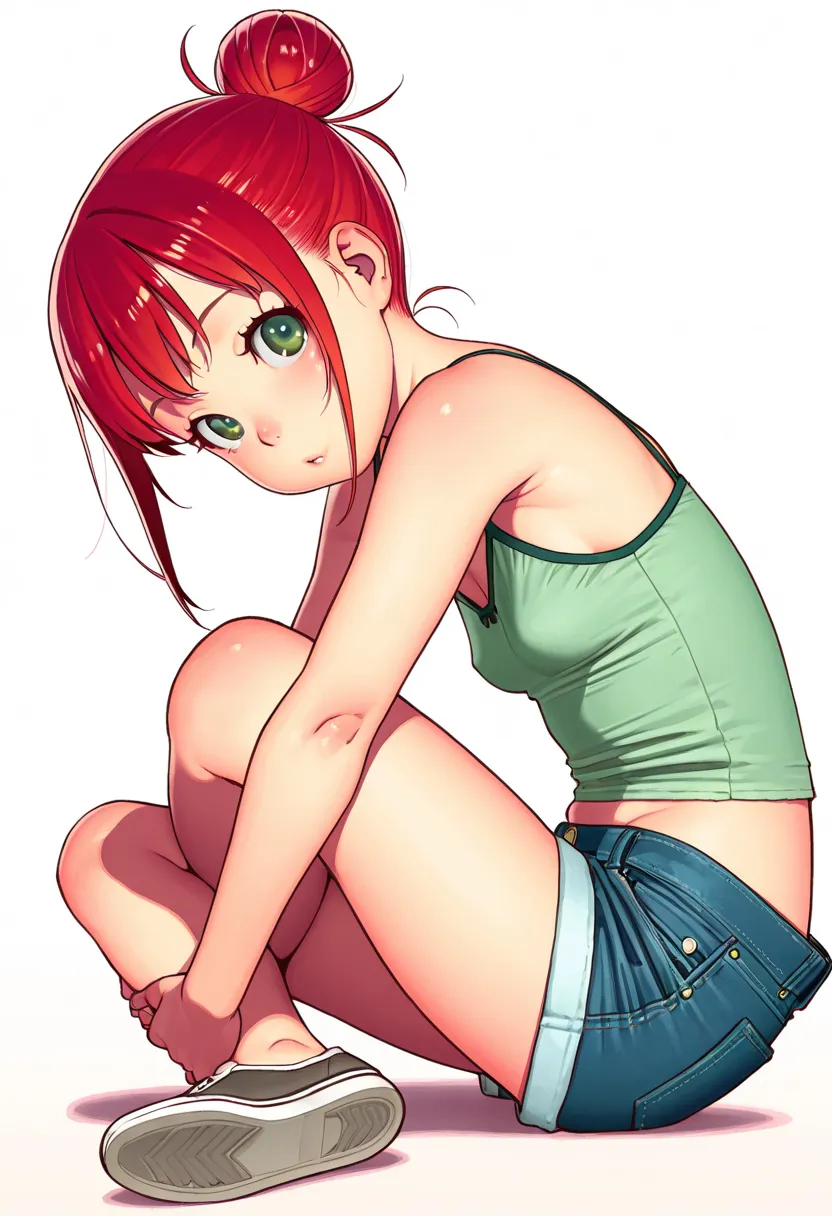 by hijiri rei, by muk (monsieur), 1girl, solo, red hair, hair bun, olive green camisole, loose clothes, midriff, denim shorts, small breasts, young girl, petite, green eyes, eyelashes, sitting, crossed legs, thighs, hands on own legs, looking at viewer, fr...