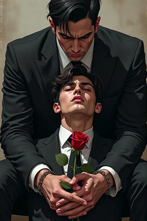 Draw a BL novel poster with two characters, top and bottom. Top is mafia, handsome, young, rich with black suit, cold expression looking at his bot like infatuation and obsession .The mafia bot is young, elegant, innocent-faced, looking away seems to hate ...