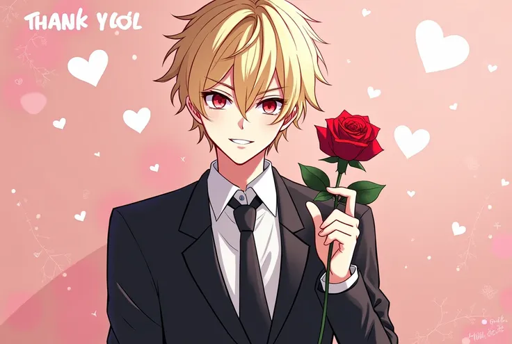 Anime style. White guy. Blond messy hair. Reddish eyes. Black suit and tie. Holding a rose. Valentine's theme background. Has the words "Thank you for 500k" and "Iredexent" on the bottom left far away from the previous text. Make it look like a human drew ...