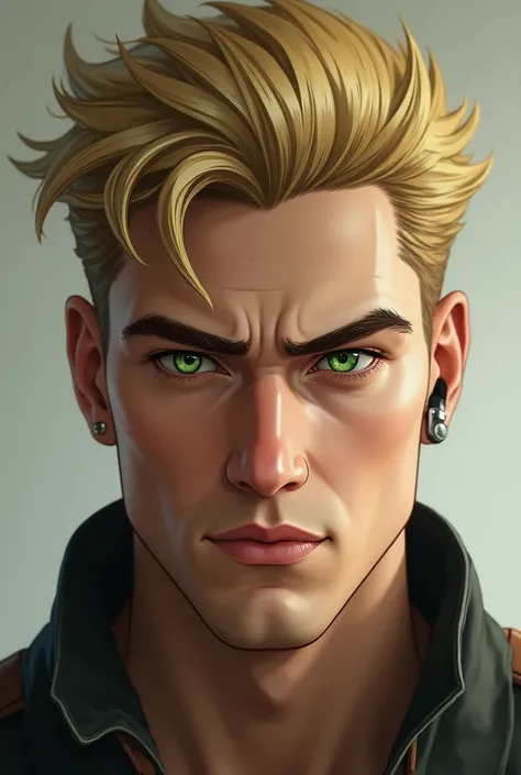 Human male with blond hair SHORT green eyes 