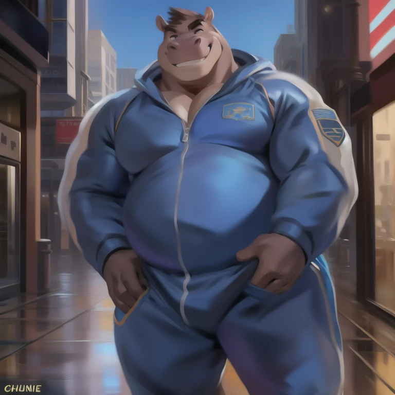 Solo, male, standing, street, hippo, blue military spacesuit, overweight, muscular, smirking, by chunie