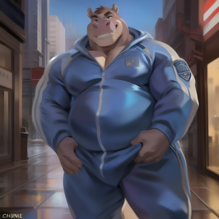 Solo, male, standing, street, hippo, blue military spacesuit, overweight, muscular, smirking, by chunie