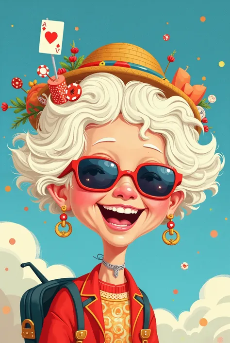 illustration, cartoon,Pixar,( masterpiece, Best Quality :1.2), 1 Chinese Grandma , is unique, white wavy hairstyle light and fluffy long hair,Poker发带,Poker毛衣,blue gradient pure background,in style of Dieselpunk , design logo,in style of Light tracing ,...