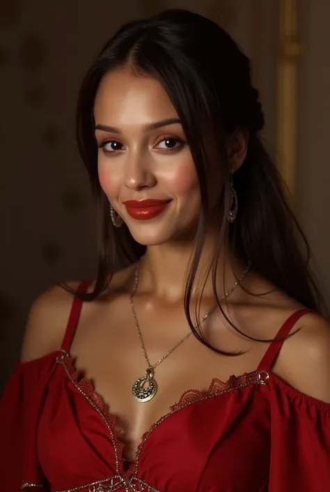 Elia Martell,red lips, belly dancer outfit, soft smile,portrait 