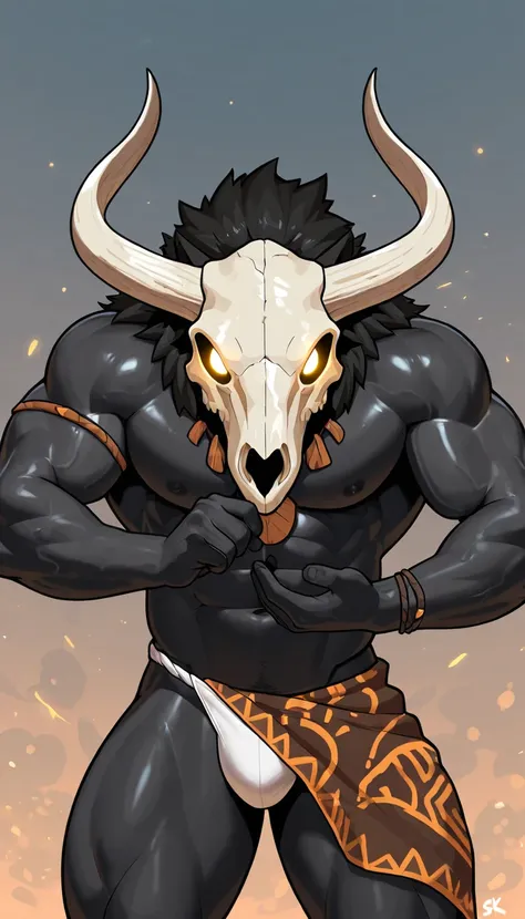 Highest qualiti,perfect anatomy,animal skull head,black skin,male wearing white panties,tribe robe,holding tribe stuff in your hands,skimpy,bara,glowing eyes,dynamic pose