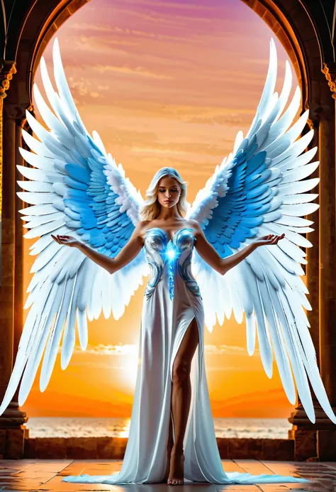  there is a woman in a white dress,  holding a blue object ,  full-grained majestic angel, beautiful cyborg  angel girl , big angel wings wide open , of the beautiful angel, Angel Knight Gothic Girl ,  an angel of morning light , Angel Knight Girl, angelic...