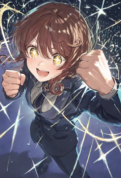 girl in suit , Hair swirling in strong winds  , Dynamic angle , clenched fists in left hand and stretched up  , excited expression  , to reach out to the audience , sparkling eyes , Star , Flash 