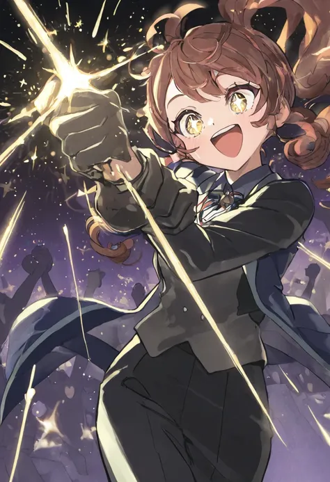 girl in suit , Hair swirling in strong winds  , Dynamic angle , clenched fists in left hand and stretched up  , excited expression  , to reach out to the audience , sparkling eyes , Star , Flash 