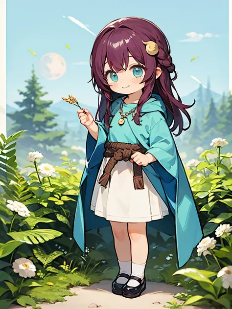  cute  wishing for happiness、delicate、 file、 kind smile、 maroon hair、Semi-long and slightly wavy、Pale Sky Blue Eyes 、 wheat skin、 freckles、 white blouse、 light blue jumper skirt、Deep green cloak 、simple shoes 、Roll up your sleeves、rope on waist 、 small sil...