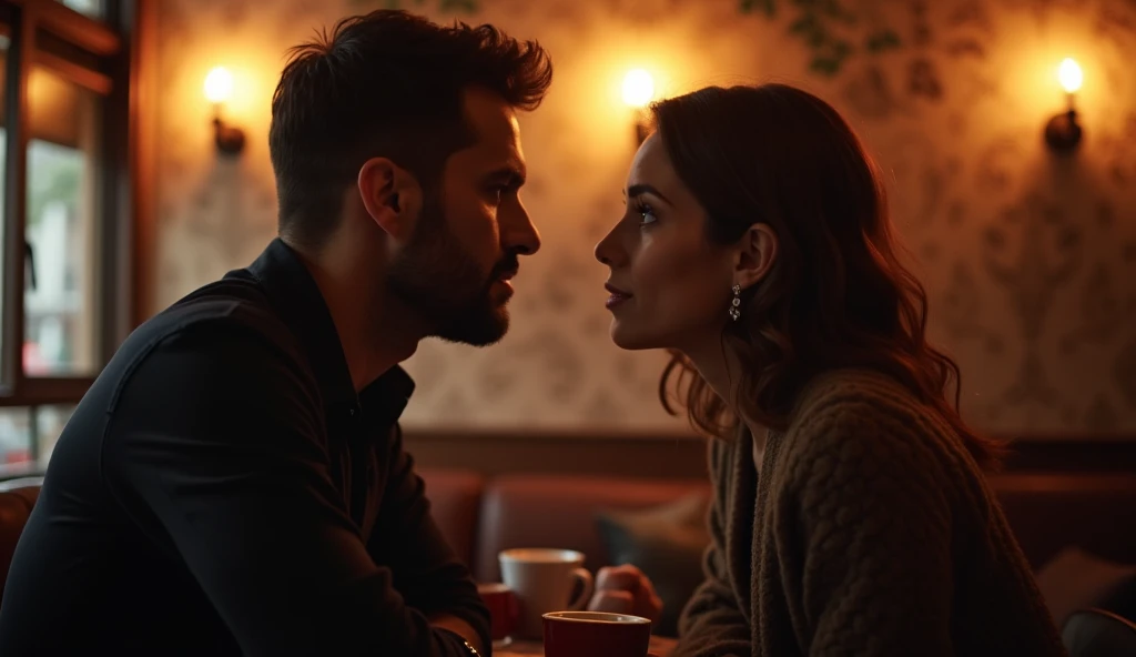 "An intriguing scene depicting the psychology of attraction: a charismatic person engaging in deep eye contact and subtle mirroring with their admirer in a cozy café. Warm lighting enhances the intimate atmosphere, while body language cues like open postur...