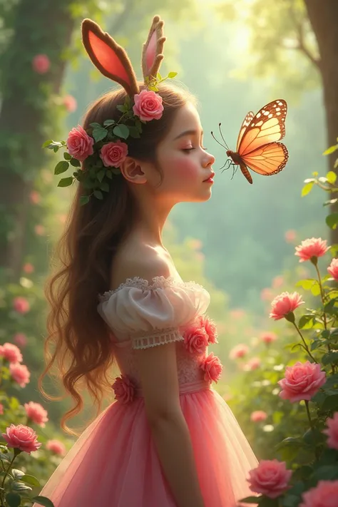 Realistic  girl wearing pink roses in her dress and little deer ears kissing a butterfly 