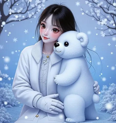 Carafe and white teddy bear in a white coat,  Ma Yuanyu ,  Instagram ,  realism, Twin tails white_ gloves,  cold as ice! 🧊, In the snow, Ulzzang,  profile picture ,  Dirraba Dilmurat,  cute girl, Cold Snow ,  Larisa Manobal , In the snow, Warm smile